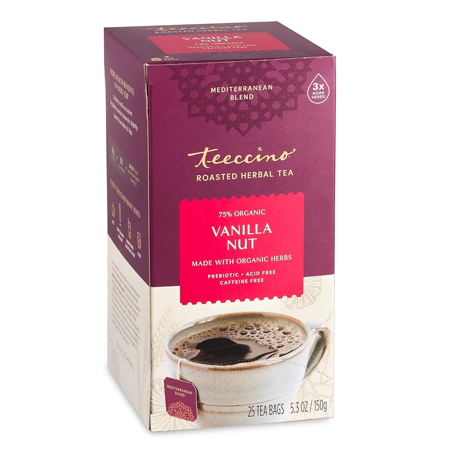 Teeccino Vanilla Nut Herbal Tea, 25 Tea Bags - Rich & Roasted Herbal Tea That’s Caffeine Free & Prebiotic for Natural Energy, 3X more Herbs, Acid Free, Great Hot or Iced