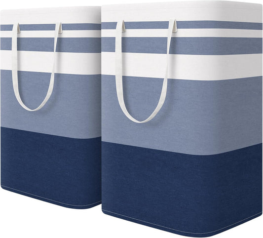 HomeHacks 2-Pack Large Laundry Basket, Waterproof, Freestanding Laundry Hamper, Collapsible Tall Clothes Hamper with Extended Handles for Clothes Toys in the Dorm and Family (Blue, 75L)