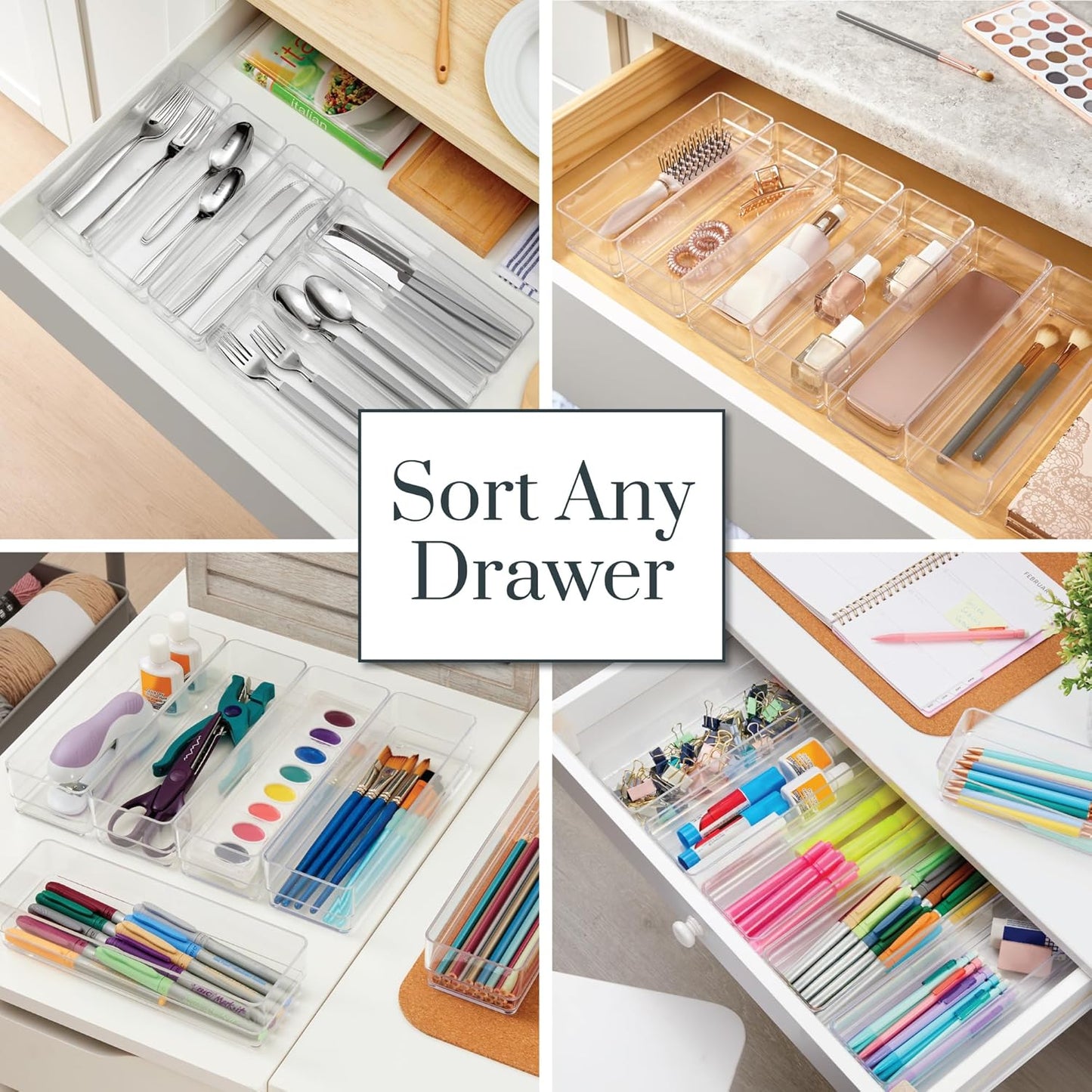 STORi SimpleSort 6-Piece Stackable Clear Drawer Organizer Set | 9" x 3" x 2" Rectangle Trays | Narrow Makeup Vanity Storage Bins and Office Desk Drawer Dividers | Made in USA