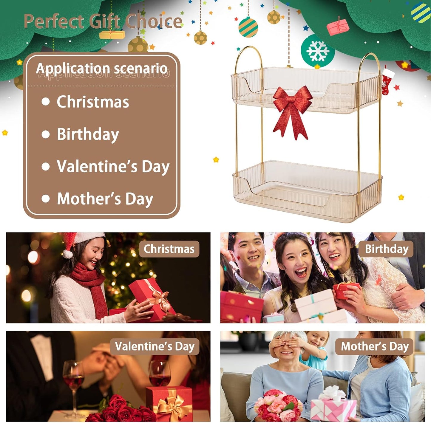 Bathroom Counter Organizer Countertop Storage, Cosmetics Skincare Shelf, Makeup Organizer Perfume for Dresser Vanity Tray, Spice Rack for Kitchen(2 Tier-Gold)