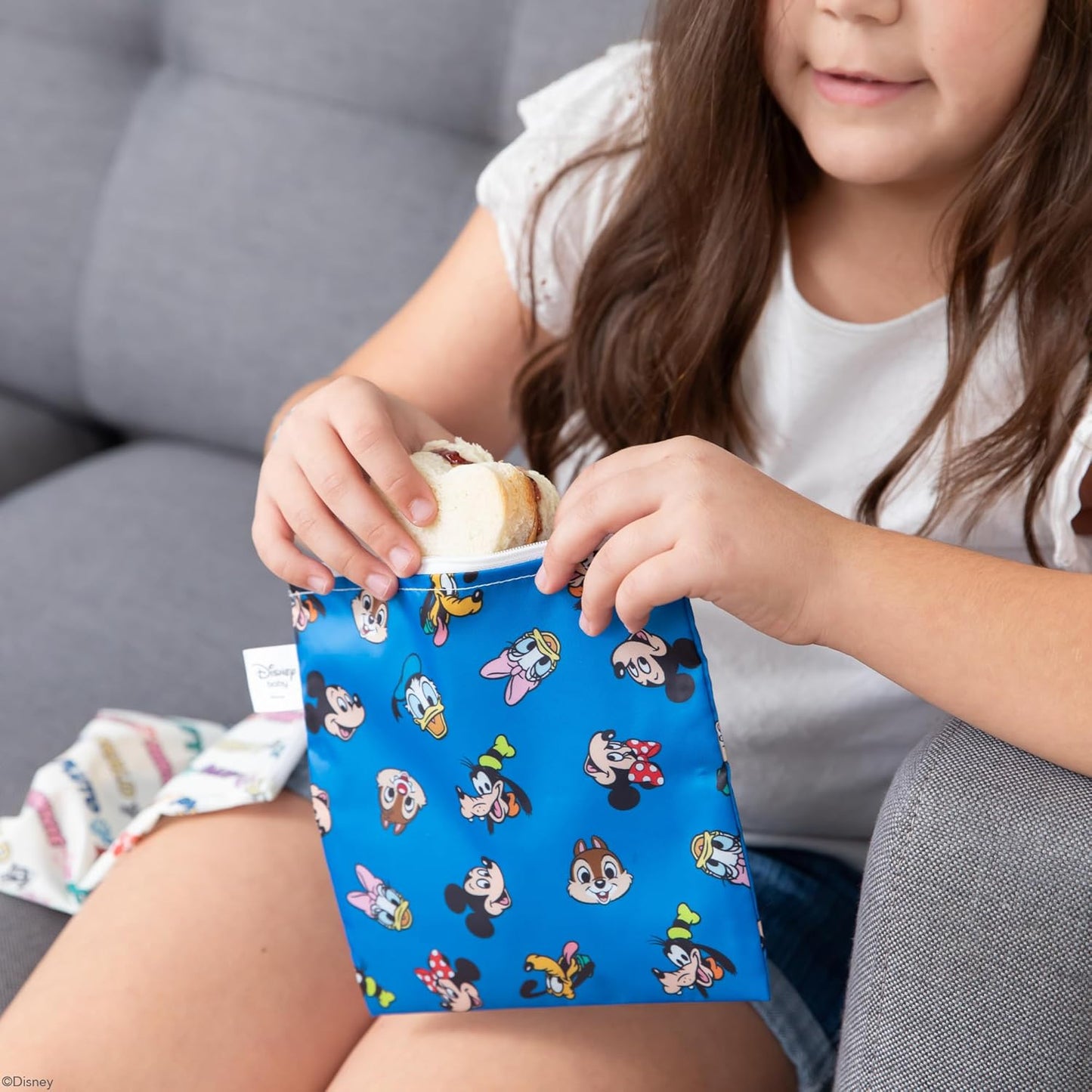 Bumkins Disney Reusable Sandwich and Snack Bags, for Kids School Lunch and for Adults Portion, Washable Fabric, Waterproof Cloth Zip Bag, Travel Pouch, Food-Safe Storage, Large 2-pk Mickey and Friends