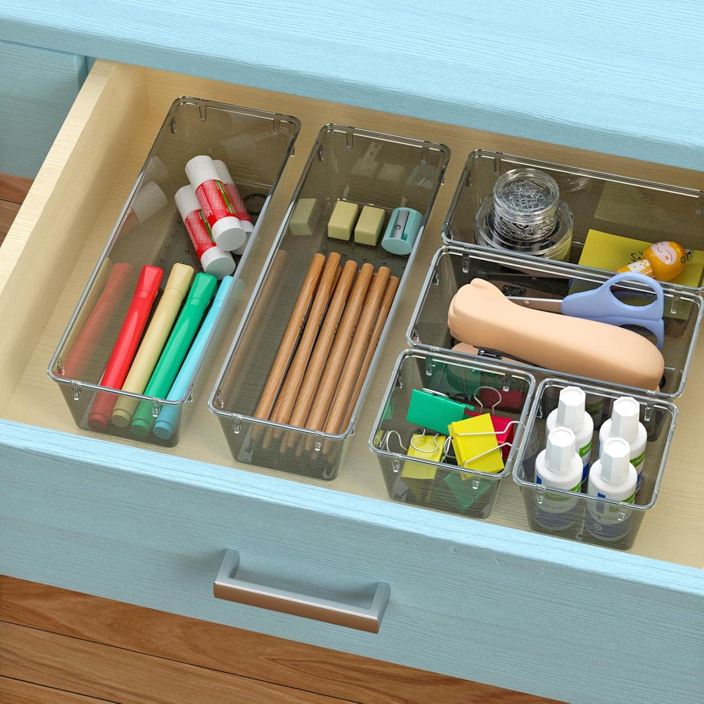 WOWBOX 12 Pack Clear Drawer Organizer Set, Acrylic Drawer Storage Trays, Storage Bins for Makeup, Cosmetics, Jewelries, Utensils, Gadgets, Office, Black