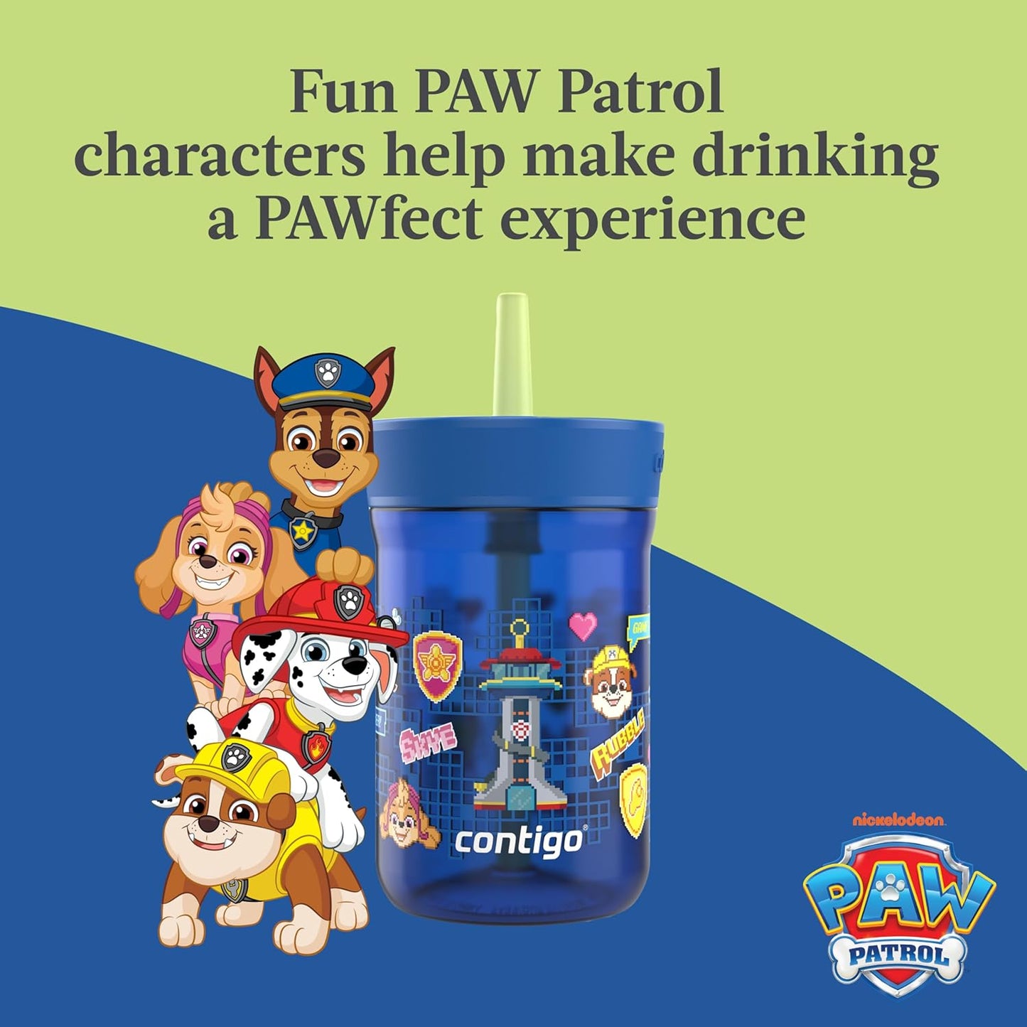 Contigo Leighton Kids Paw Patrol Plastic Water Bottle, Spill-Proof Tumblers with Straw, Dishwasher Safe, 14oz, Power Pups, Blue