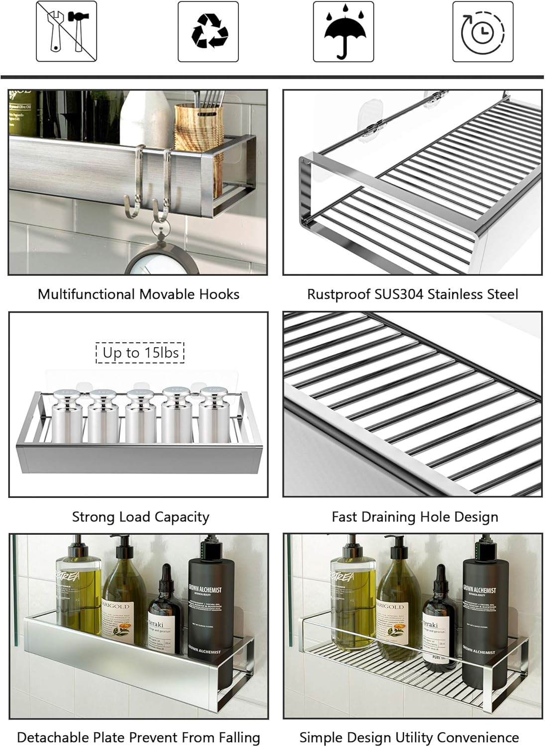 Bathroom Adhesive Shower Caddy Basket Shelf with Hooks, No Drilling Removable Bathroom Shelf Organizer,Stainless Steel Rustproof Shower Rack for Shampoo Storage, Sponge Holder-Silver