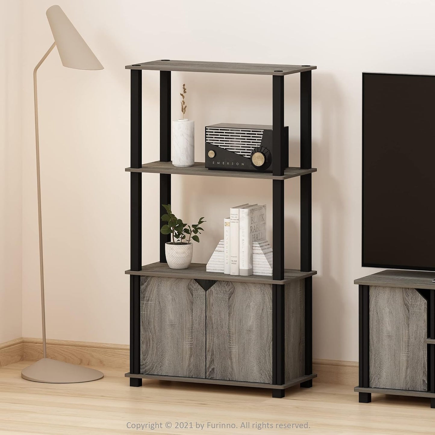 Furinno Brahms 4-Tier Multipurpose Bookcase/Bookshelf/Display Shelf/Display Rack with Door, French Oak Grey/Black