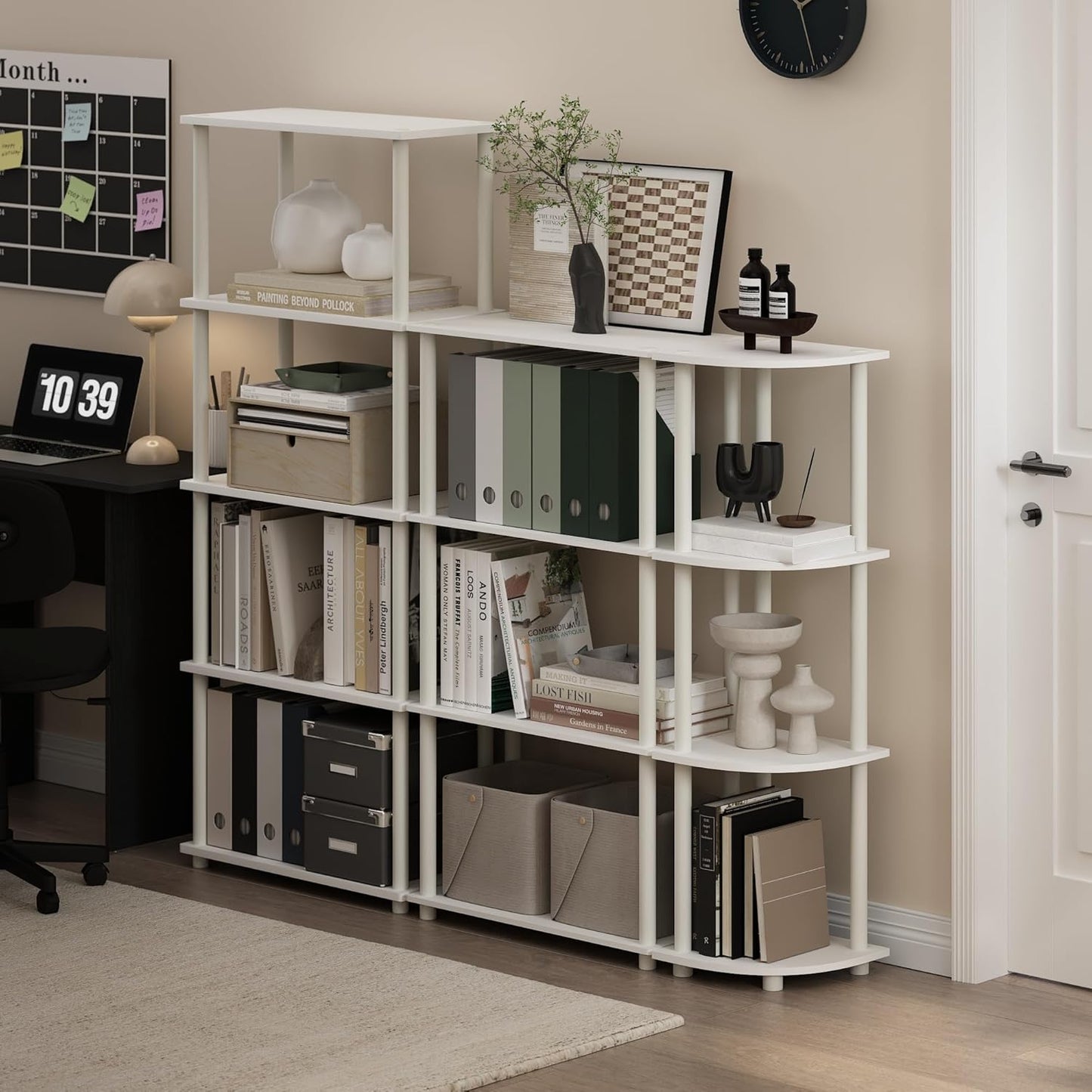 Furinno TURN-N-TUBE Storage Shelves, 5-Tier Book Shelf, Corner Shelf, Toolless Open Shelves, for Organization and Storage, Living Room, Garage, Home Office, White