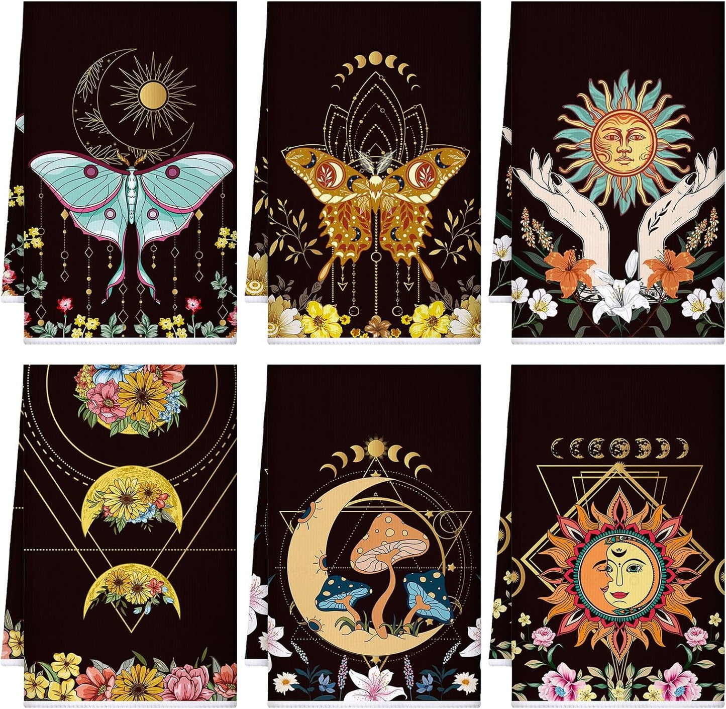 Boyiee Set of 6 Witchy Kitchen Towels Boho Tea Towels Absorbent Mushroom Floral Dish Towels 24 x 16'' Gothic Dish Towels Sun Moon Star Butterfly Hand Towels Gifts for Farmhouse Kitchen Bathroom