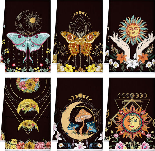 Boyiee Set of 6 Witchy Kitchen Towels Boho Tea Towels Absorbent Mushroom Floral Dish Towels 24 x 16'' Gothic Dish Towels Sun Moon Star Butterfly Hand Towels Gifts for Farmhouse Kitchen Bathroom
