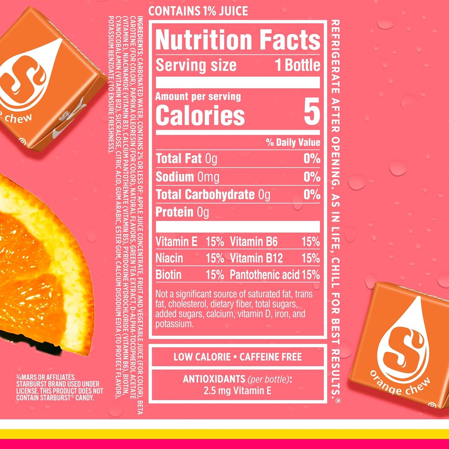 Sparkling Ice STARBURST Orange, Zero Sugar Flavored Sparkling Water, with Vitamins and Antioxidants, Low Calorie Beverage, 17 fl oz Bottles (Pack of 12).