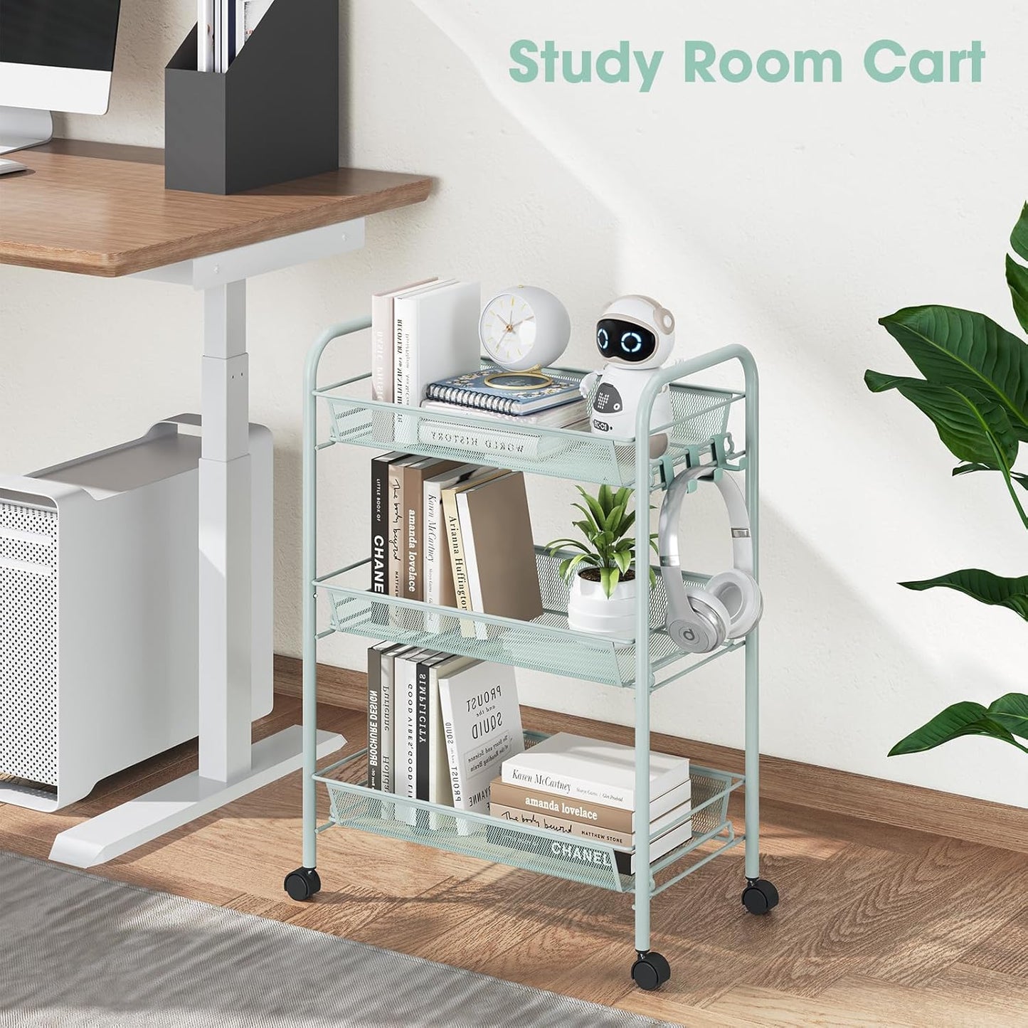 TOOLF 3-Tier Metal Rolling Cart, Mesh Wire Easy Assemble Utility Cart, Storage Trolley on Wheels with 3 Hooks, MetalStorage Shelving Units for Kitchen Bathroom Laundry Room
