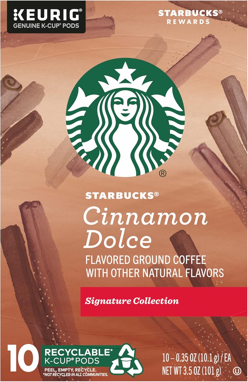 Starbucks Flavored Ground Coffee K-Cup Pods,Cinnamon Dolce,Flavored Ground Coffee Signature Collection,Recyclable K-Cups,10 K-Cup Pods/Box (Pack of 2 Boxes),10 Count (Pack of 2)
