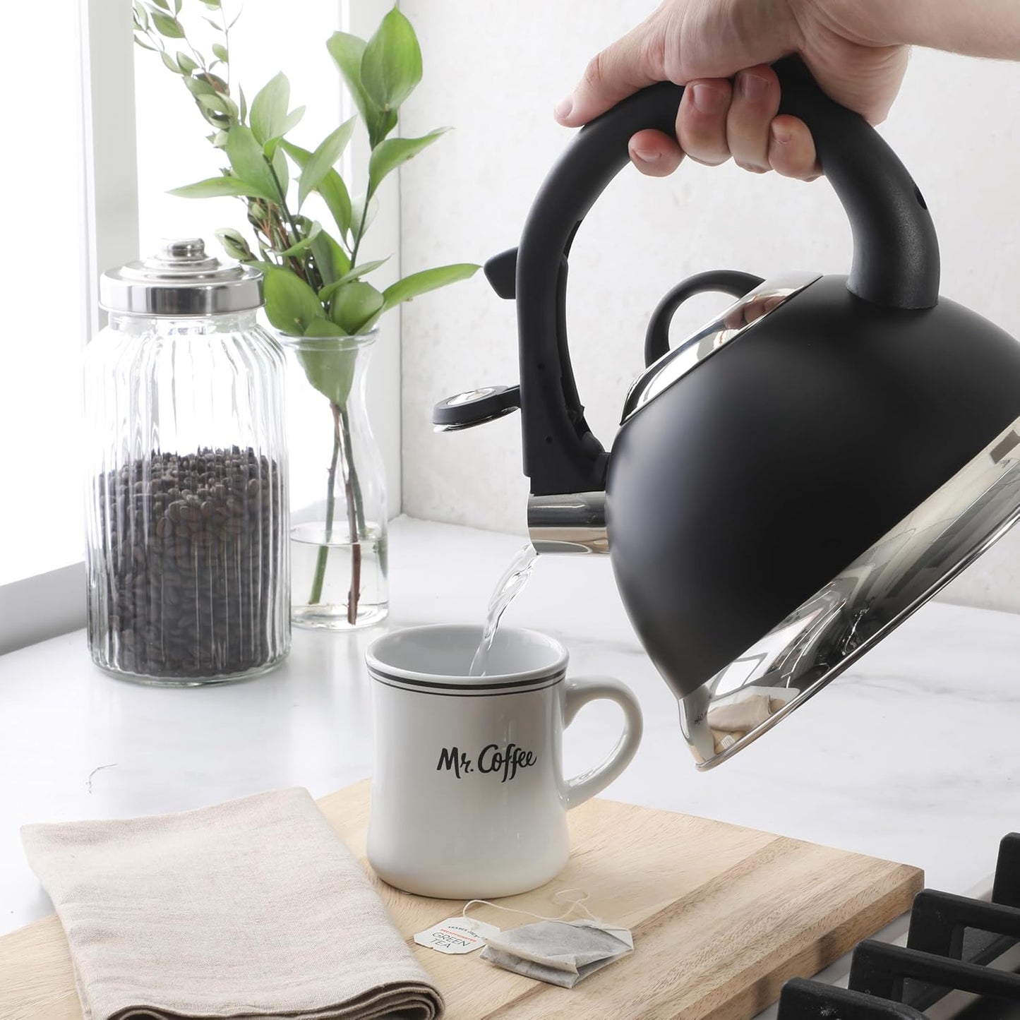 Mr. Coffee Clarefield 2.4 Qt Whistling Tea Kettle – Matte Black Stovetop Water Kettle with Lid, Heat-Resistant Nylon Handle and Knob, Stainless Steel Trim