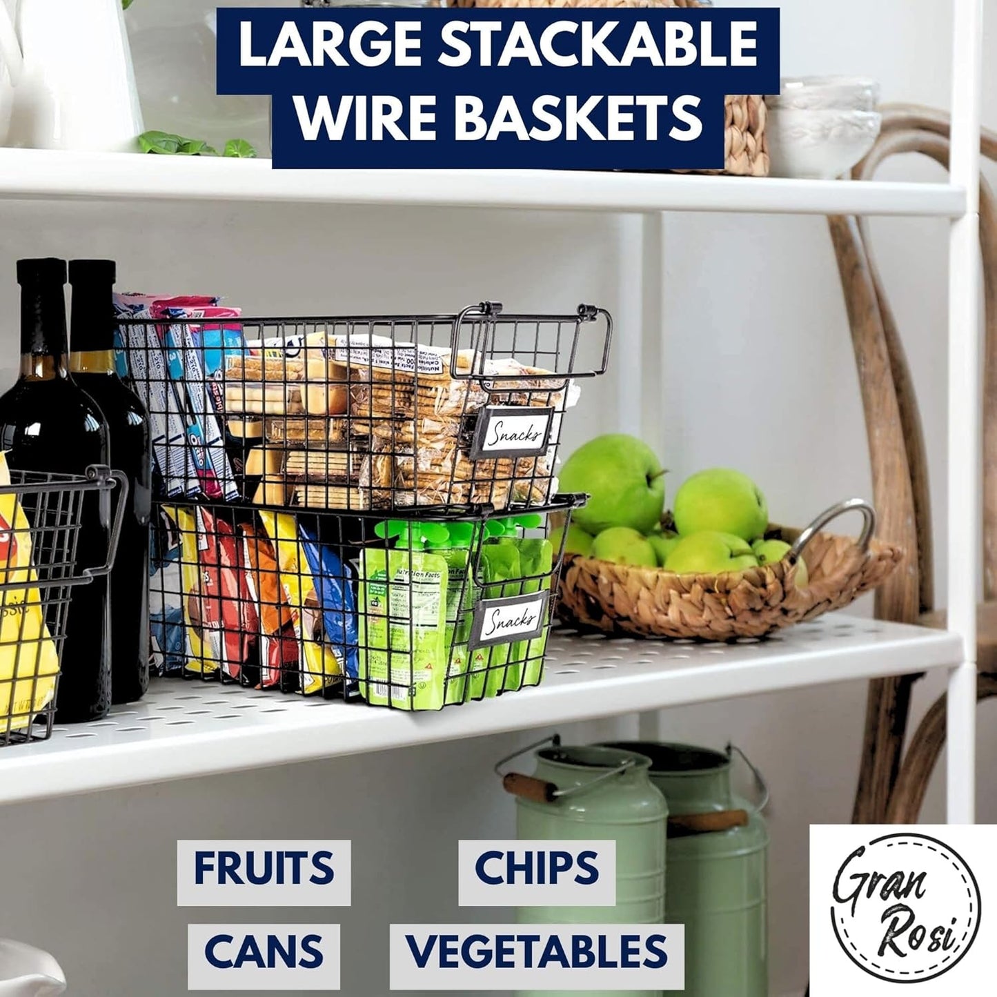 Granrosi Stackable Large Wire Baskets for Organizing — Set of 2 Snack & Chips Organizer for Pantry; Wire Storage Baskets with Handles; Large Bronze Chip Storage for Pantry