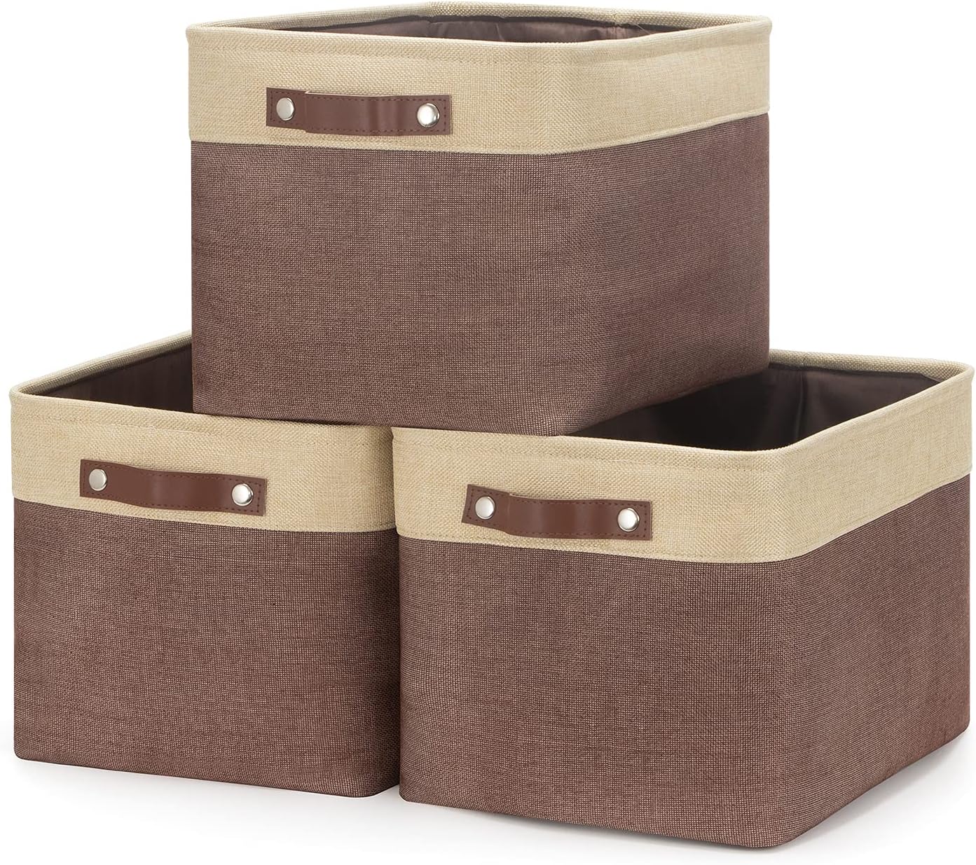 HNZIGE Large Fabric Storage Bins (3 Pack) Canvas Baskets for Storage Clothes Toys, Closet Baskets with Handles for Organizing Baby Nursery Closet Shelves Organization(Gold&Brown, 15" X 11" X 9.5")