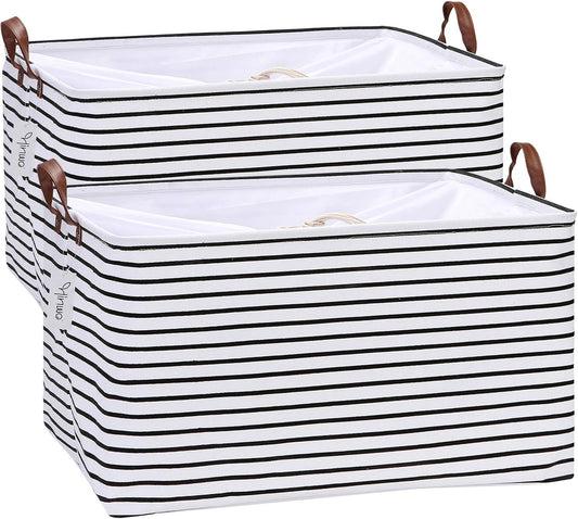 Hinwo 70L Extra Large Storage Bins, 2-Pack Closet Organizers and Storage, Foldable Clothes Storage Baskets with Handles, Containers for Clothing, Blanket, Comforters, Toys, Bedding (Black Stripe)