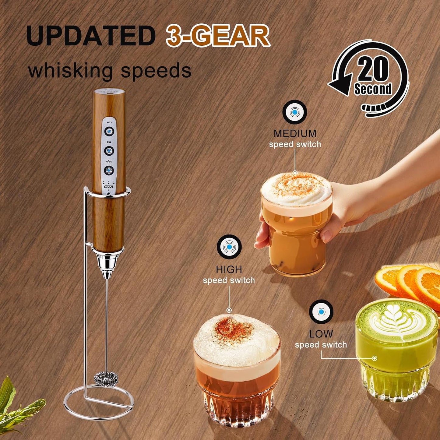 YUSWKO Wood Grain Handheld Milk Frother Wand with Stand for Coffee, Rechargeable Electric Whisk with 3 Heads 3 Speeds Drink Mixer Coffee Frother For Latte, Cappuccino, Hot Chocolate, Egg