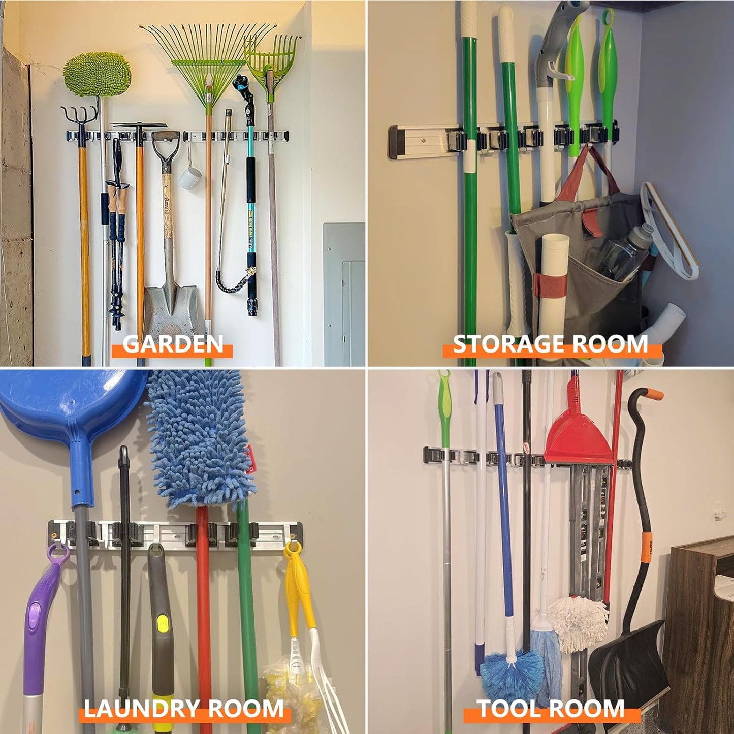 reliahom Broom Holder Wall Mount Mop and Broom Hanger Wall Mounted Garage Storage Rack Kitchen Garden Tool Organizer (5 Racks with 4 Hooks, Black)