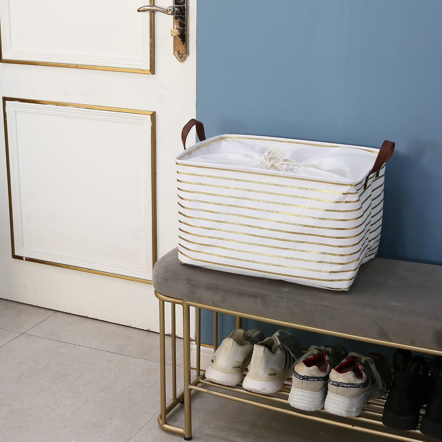 Hinwo 31L Large Storage Bins, Closet Organizers and Storage, Shelf Baskets, Foldable Clothes Storage Baskets with Handles, Containers for Clothing, Blanket, Towels, Toys, Bedding (Gold Stripe)