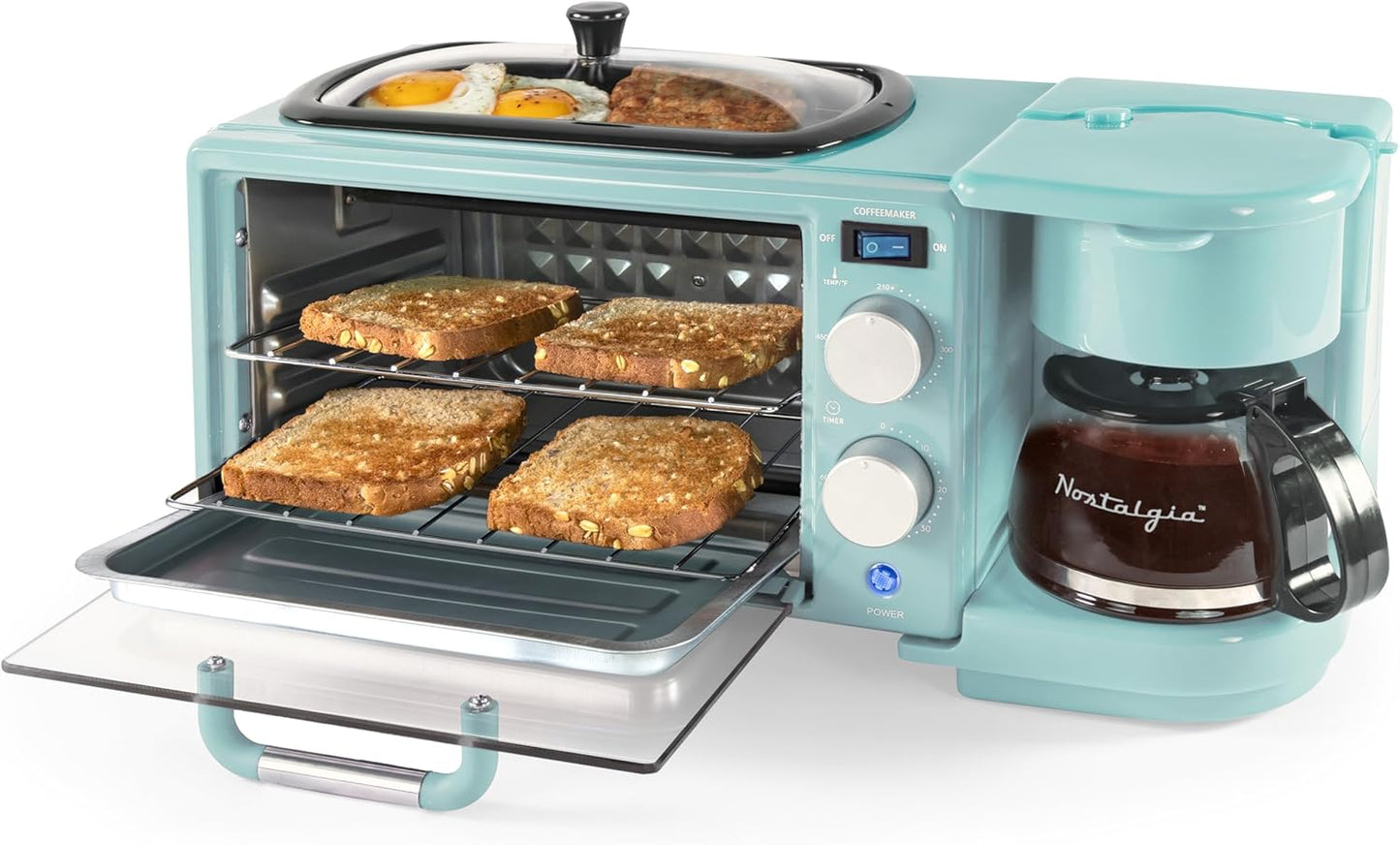Nostalgia 3-in-1 Retro Breakfast Station - Includes 5 Cup Coffee Maker, Non-Stick Ceramic Griddle, and 4-Slice Toaster Oven - Built-In Timer, Reusable Coffee Filter, Space-Saving Design - Aqua