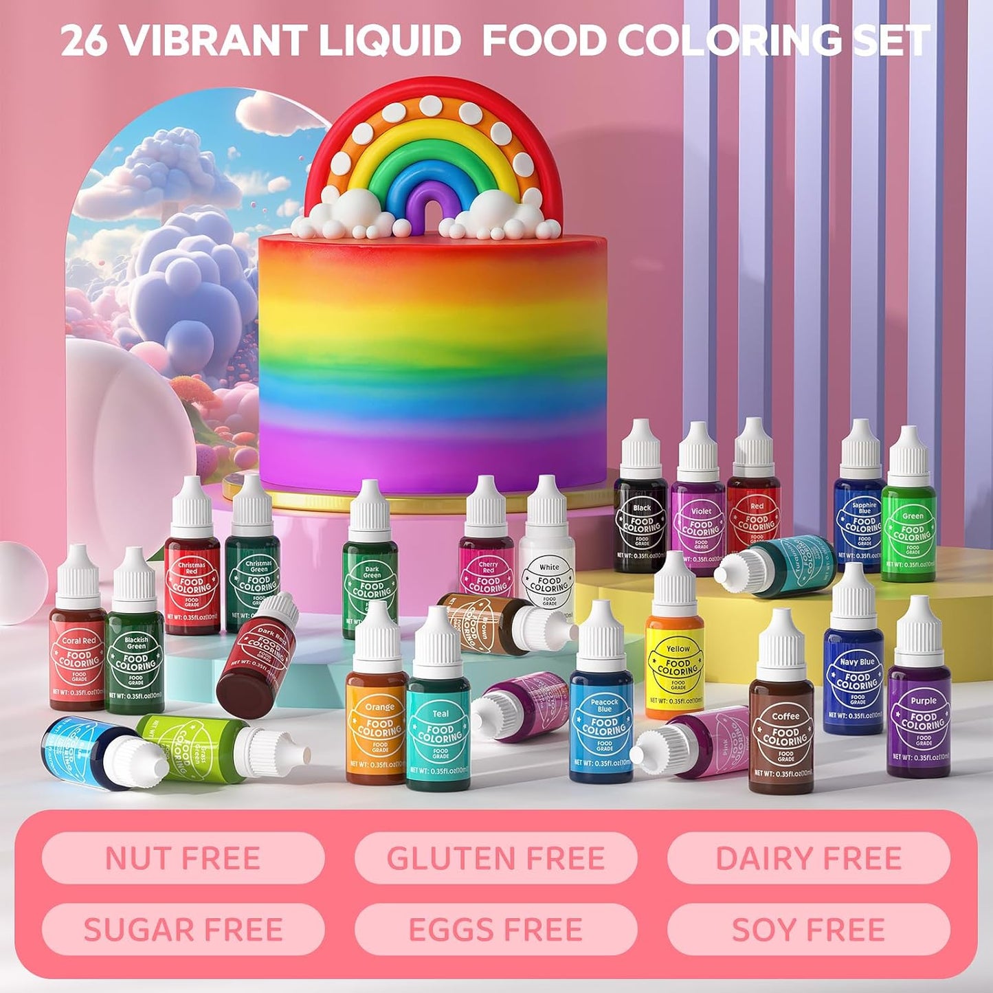 Food Coloring for Baking - Cherrysea 26 Vibrant Cake Coloring Liquid Set for Dessert Decorating, Food Grade Food Dye for Icing,Fondant,Cookies,Easter Egg,Making DIY Supplies Kit- 0.35 Fl. oz/Bottles
