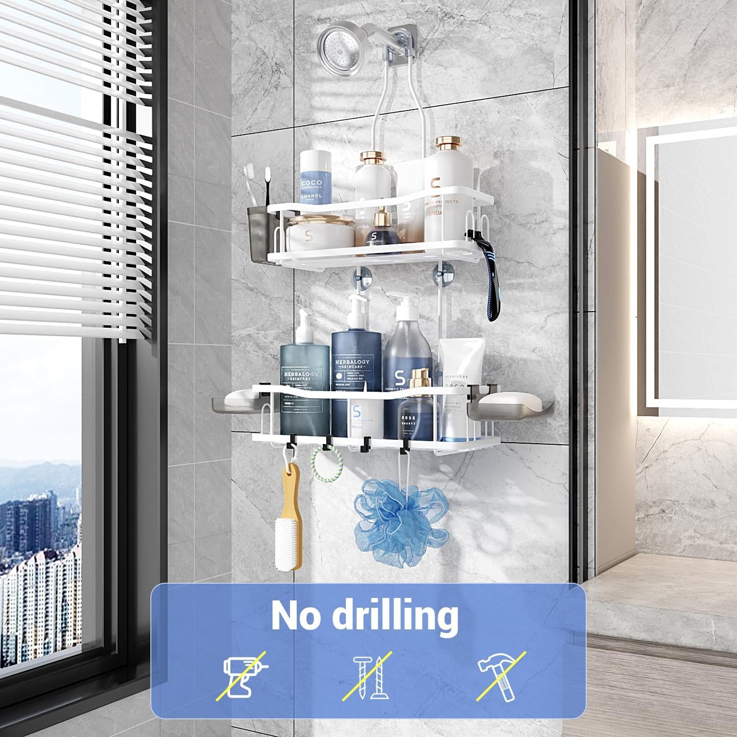Hanging Shower Caddy Bathroom Organizer: Rustproof Shower Shelf Racks Over Shower Head - No Drilling Inside Bath Shower Rack Shelves Over Showerhead for Shampoo with Soap Holder White