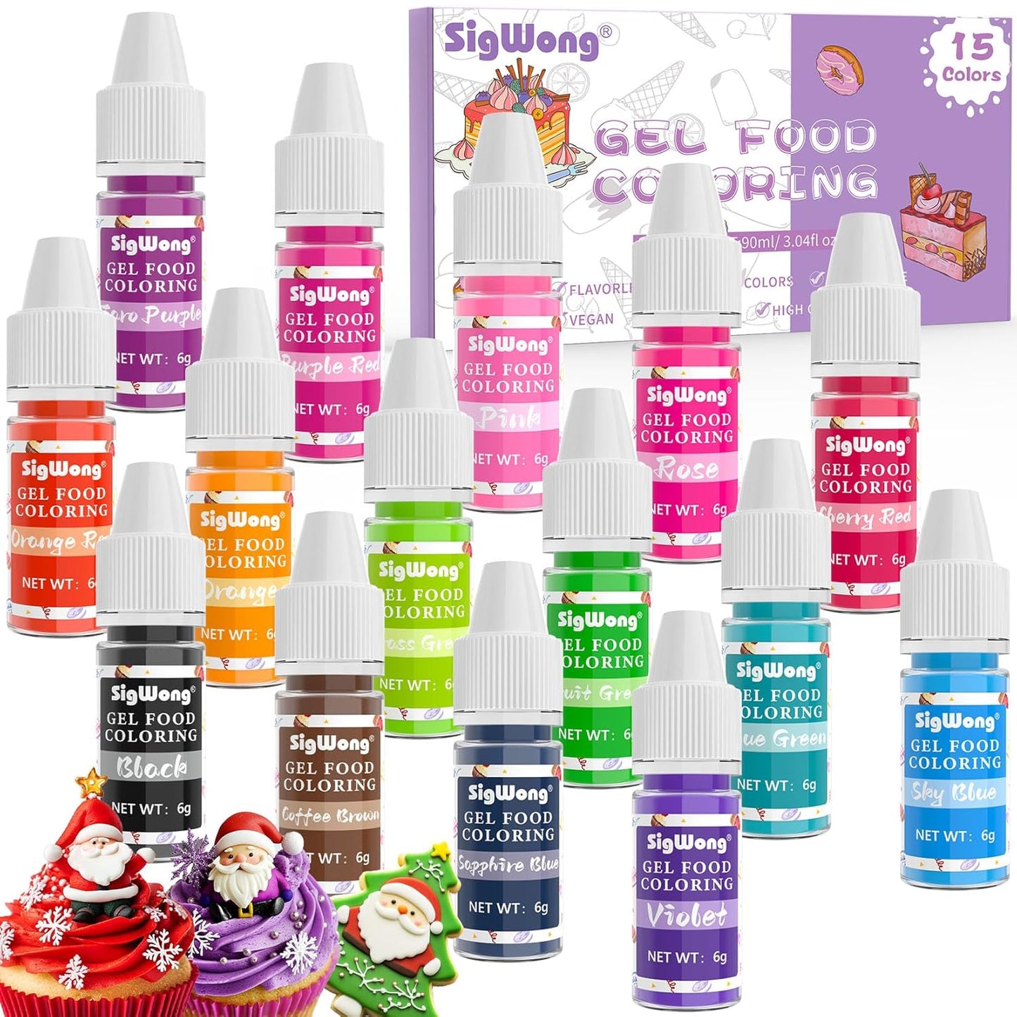 Gel Food Coloring - 15 Colors Flavorless Gel Based Food Color Dye, Vibrant Edible Concentrated Food Coloring for Cake Cookie Decorating, Easter Egg, Icing, Fondant, Christmas Baking, Macaron (6g/Bottle) - Vegan
