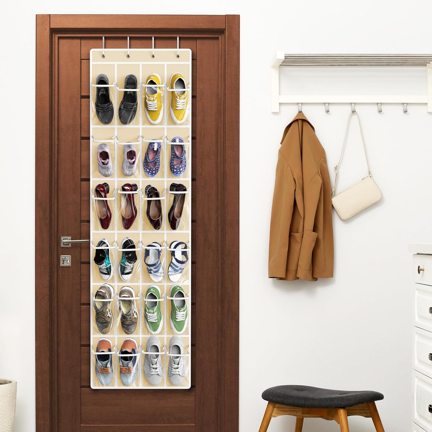 Simple Houseware 24 Pockets - Crystal Clear Over The Door Hanging Shoe Organizer, Beige (64'' x 19'')