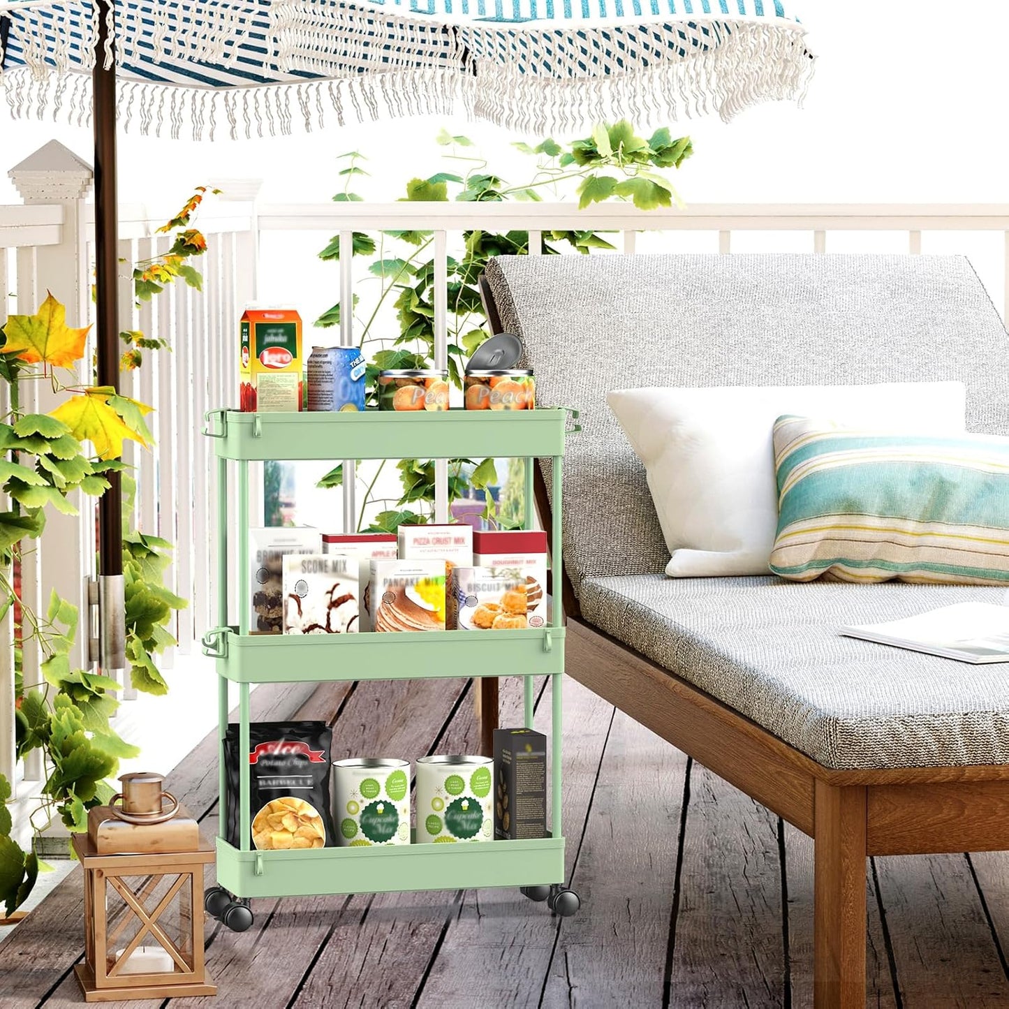 SPACEKEEPER Slim Rolling Storage Cart, 3 Tier Bathroom Organizer Utility Cart Laundry Room Organization Mobile Shelving Unit for Kitchen, Bathroom, Office, Bedroom, Narrow Places, Green