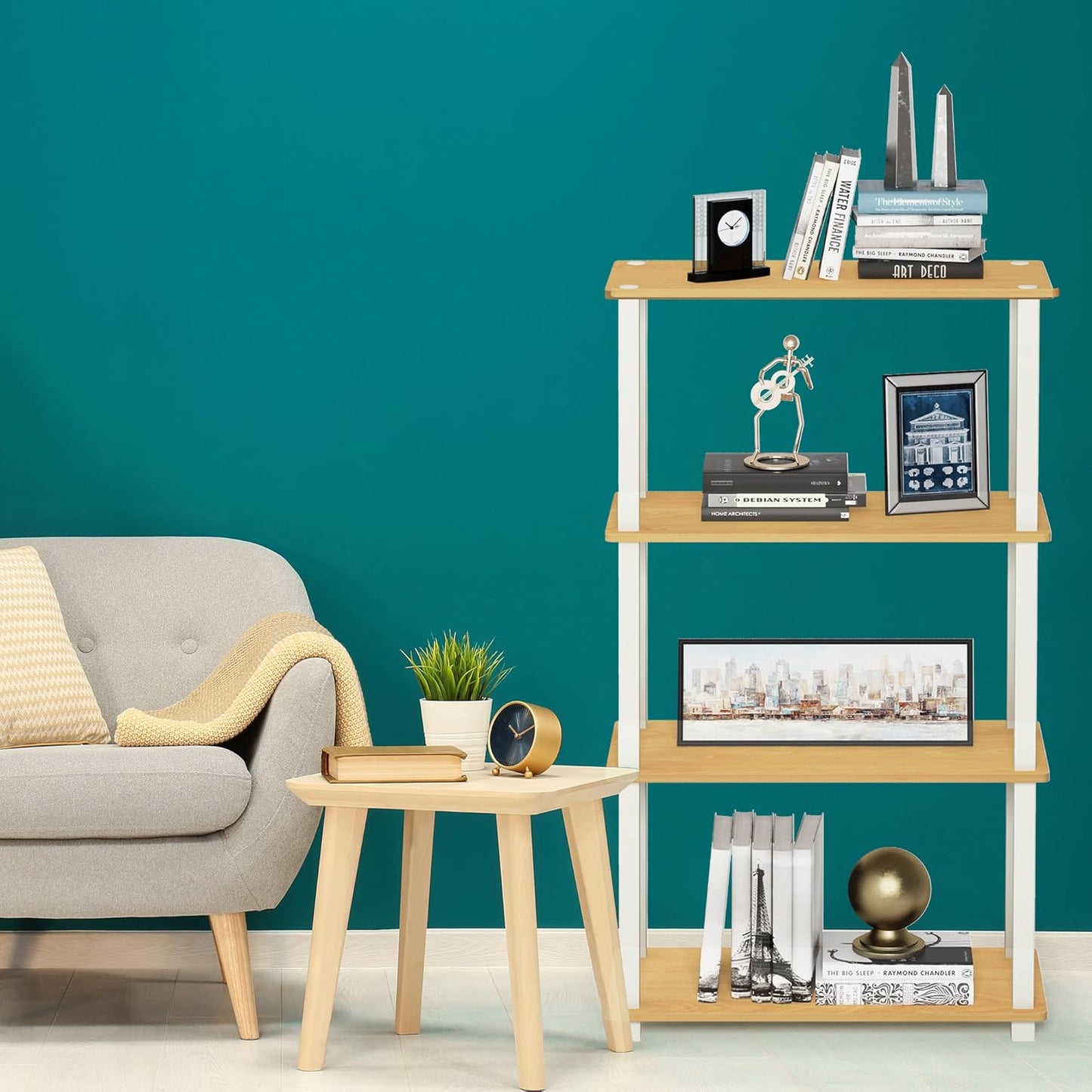 Furinno Turn-N-Tube 4-Tier Multipurpose Shelf Display Rack, Square Tube, Beech/White