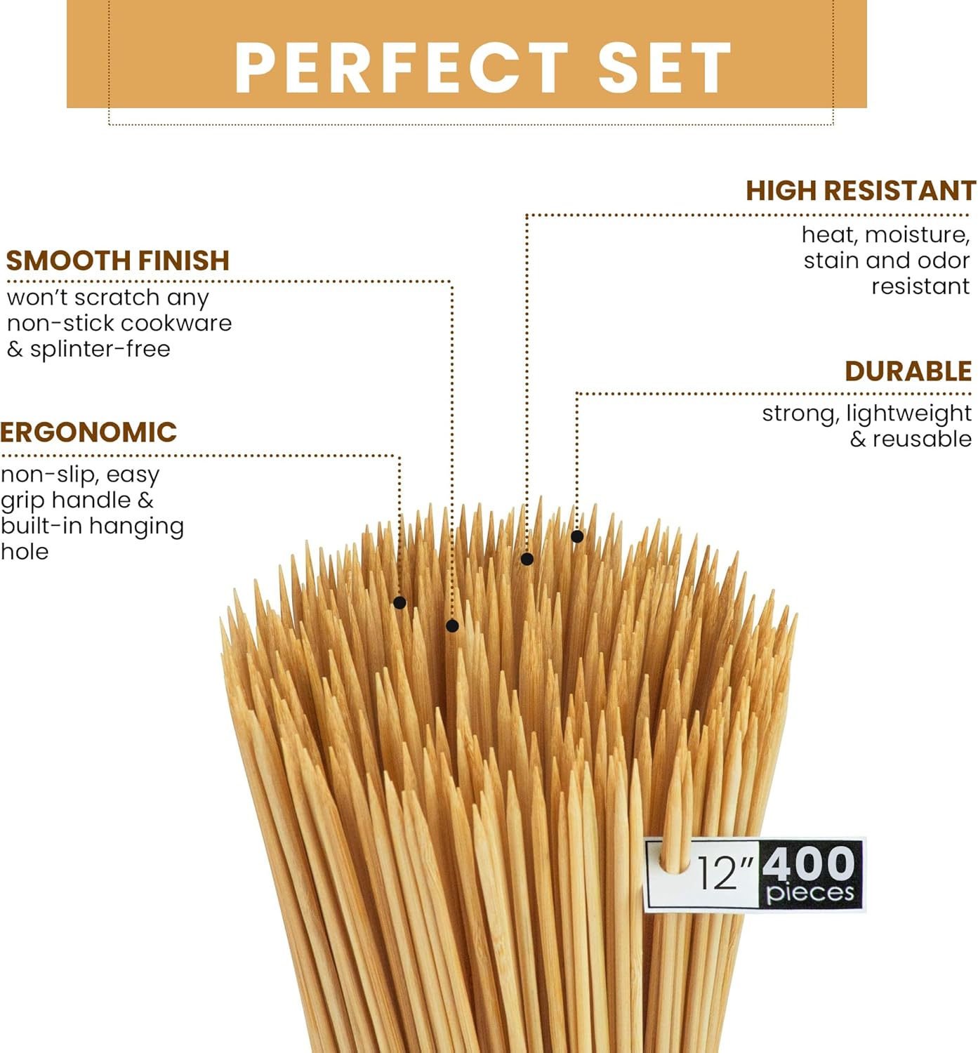 DecorRack 12" Natural Bamboo Skewers Sticks, 400 Wood Skewers for BBQ, Grilling, Kabob, Appetizers, Fruits, Smores, Cocktail, Brunch, Fondue Sticks, Barbeque, DIY Crafting, 12 inch (400 pack)