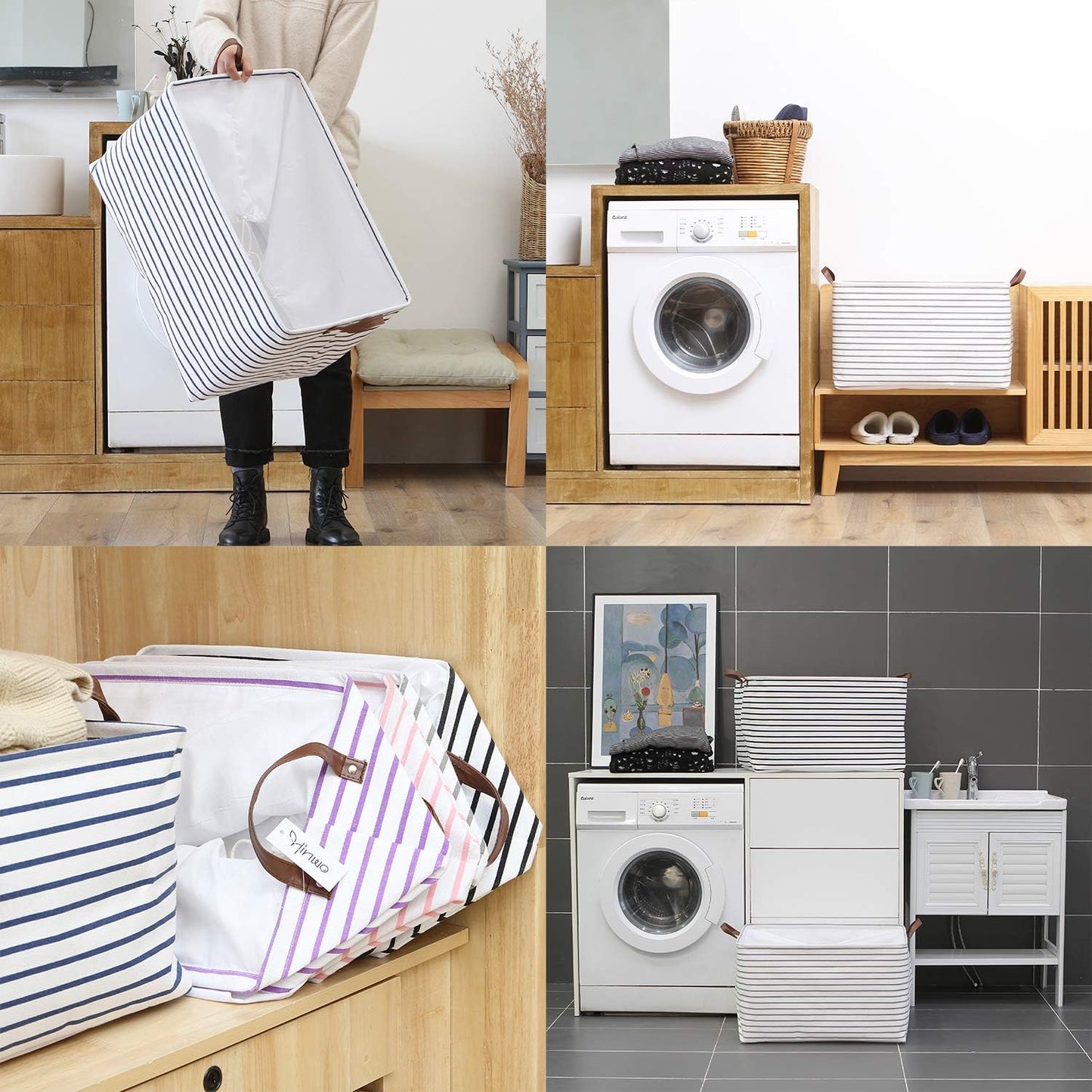 Hinwo 70L Extra Large Storage Bins, 6-Pack Closet Organizers and Storage, Foldable Clothes Storage Baskets with Handles, Containers for Clothing, Blanket, Comforters, Toys, Bedding (Gray Stripe)