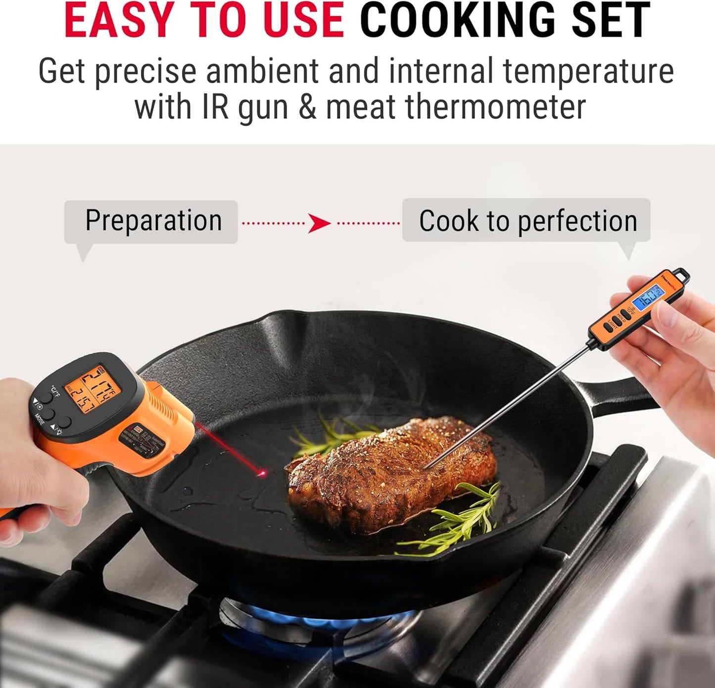 ThermoPro Temperature Gun, Infrared Thermometer Gun with Laser Pointer, Meat Thermometer Digital with Super Long Probe, Food Thermometer for Cooking, Laser Thermometer Gun -58℉-1022℉ Not for Human