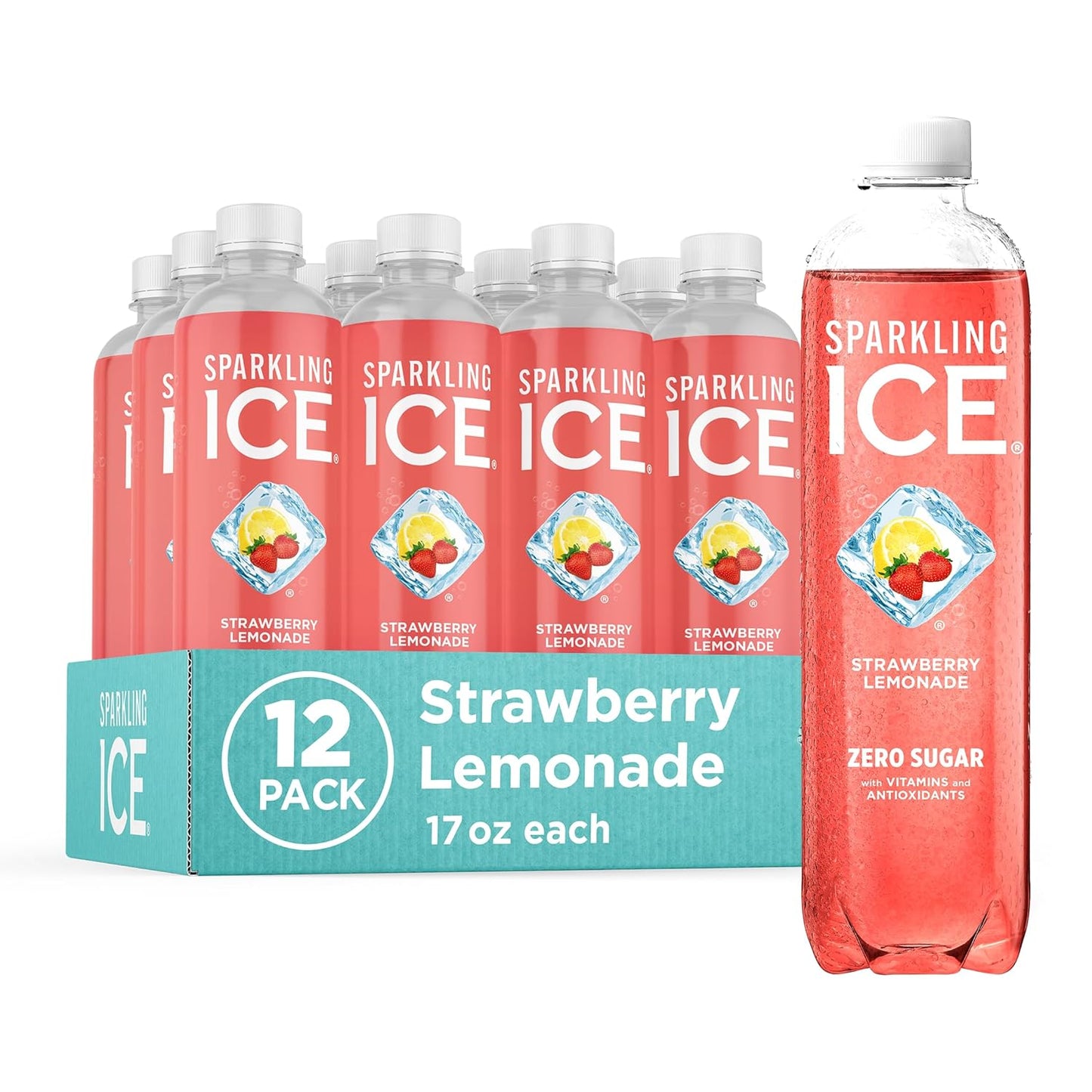 Sparkling Ice, Strawberry Lemonade Sparkling Water, Zero Sugar Flavored Water, with Vitamins and Antioxidants, Low Calorie Beverage, 17 fl oz Bottles (Pack of 12)