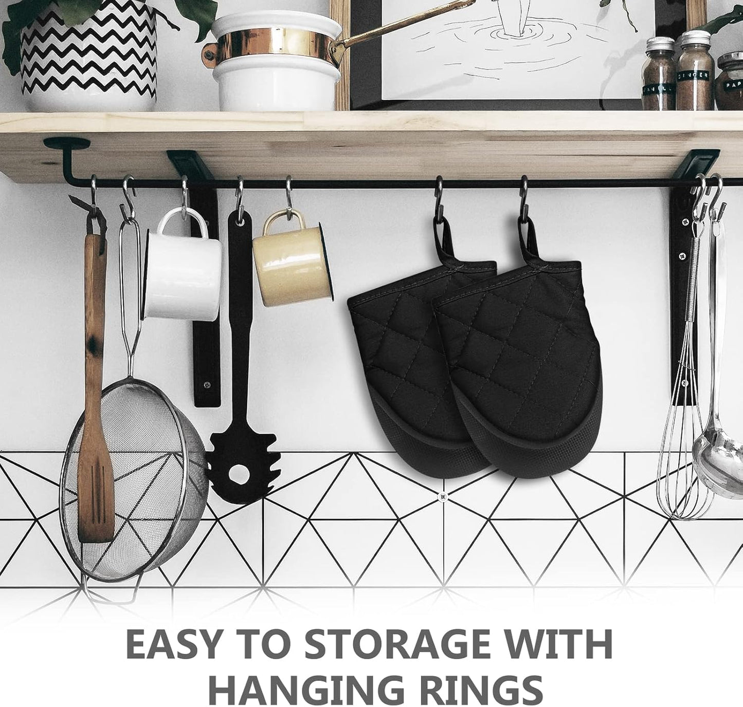 1 Pair Short Oven Mitts, Heat Resistant Silicone Kitchen Mini Oven Mitts for 500 Degrees, Non-Slip Grip Surfaces and Hanging Loop Gloves, Baking Grilling Barbecue Microwave Machine Washable