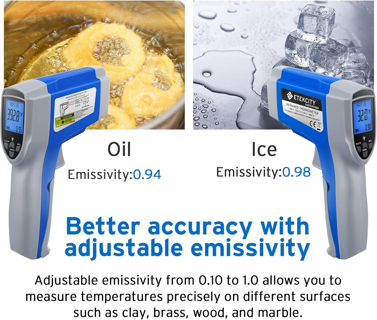 Etekcity Digital Thermometers Non-contact-58°F ~1022°F (-50°C ~ 550°C) ith Adjustable Emissivity & Max Measure for Meat Refrigerator Pool Oven, Blue