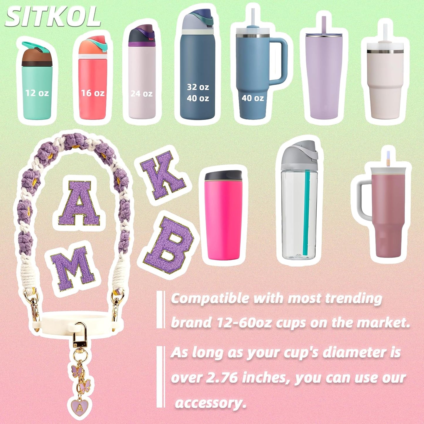 Cute Letter Charm Set Compatible with Owala Water Bottle 24 oz, 32 oz, 40 oz, Owala Kids, Owala Coffee Tumbler, Owala FreeSip – Includes Handle Strap, for Owala Accessories & Stanley Cup Accessories