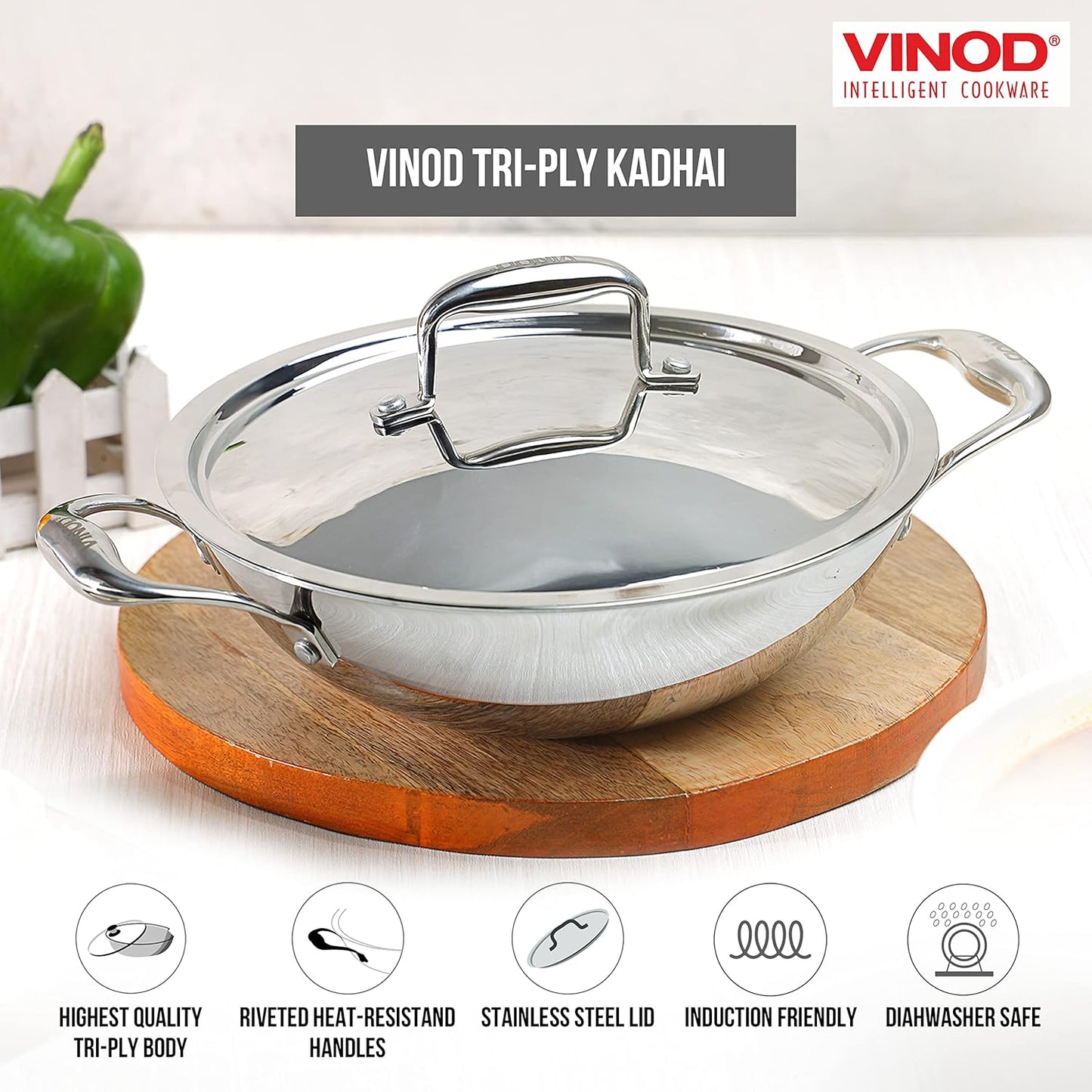 Vinod Platinum Triply Stainless Steel Kadai | Suitable For Indian Cooking, Sauces, Stews, Soups | Extra Deep Kadai With Lid | Induction, Electric Friendly (30cm)