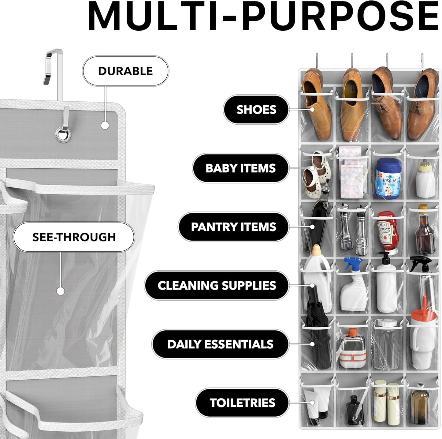 Simple Houseware 24 Pockets Large Clear Pockets Over The Door Hanging Shoe Organizer, Gray (56" x 22.5")