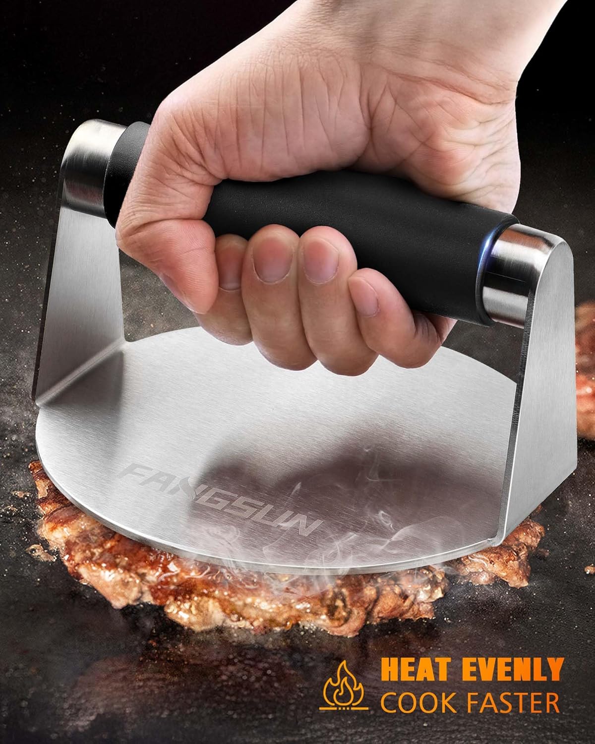 FANGSUN Burger Press with Anti-Scald Handle, 5.8 Inch Stainless Steel Burger Smasher, Round Non-Stick Hamburger Press for Griddle, Griddle Accessories Kit for Flat Grill Cooking, Gift Package