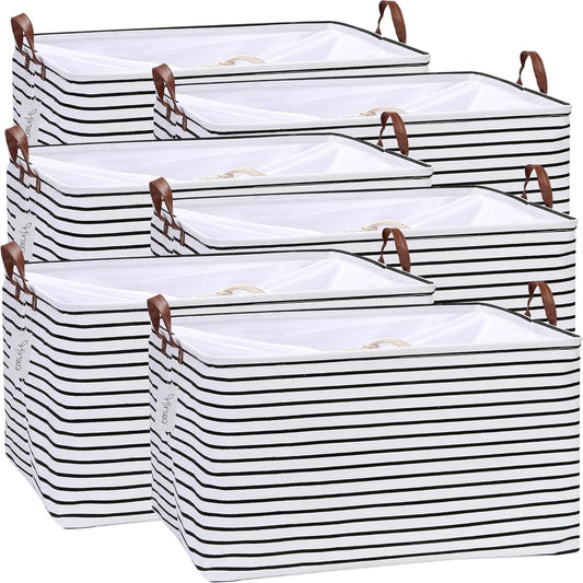 Hinwo 70L Extra Large Storage Bins, 6-Pack Closet Organizers and Storage, Foldable Clothes Storage Baskets with Handles, Containers for Clothing, Blanket, Comforters, Toys, Bedding (Black Stripe)