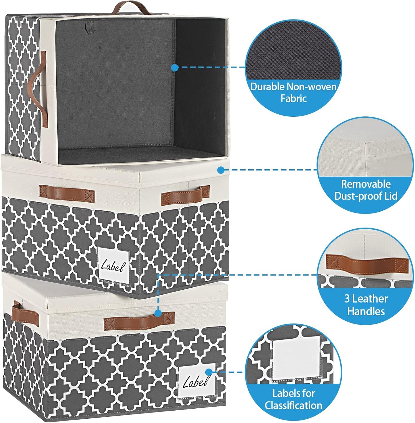 GhvyenntteS Extra Large Storage Bins with Lids, Foldable Fabric Storage Boxes with Lids and 3 Leather Handles, Storage Baskets with Label Window (6 Pack, Grey&Black, 15.75x11.8x10.2)