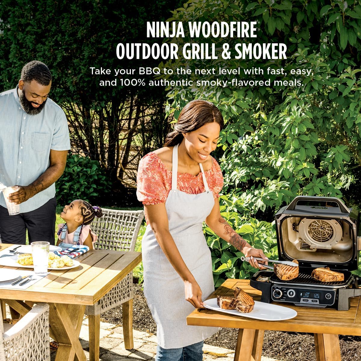 Ninja OG751 Woodfire Pro Outdoor Grill Built-In Thermometer,7-in-1 Master Grill,BBQ Smoker,& Outdoor Air Fryer Plus Bake,Roast,Dehydrate & Broil,Woodfire Technology,Weather-Resistant,Grey XL