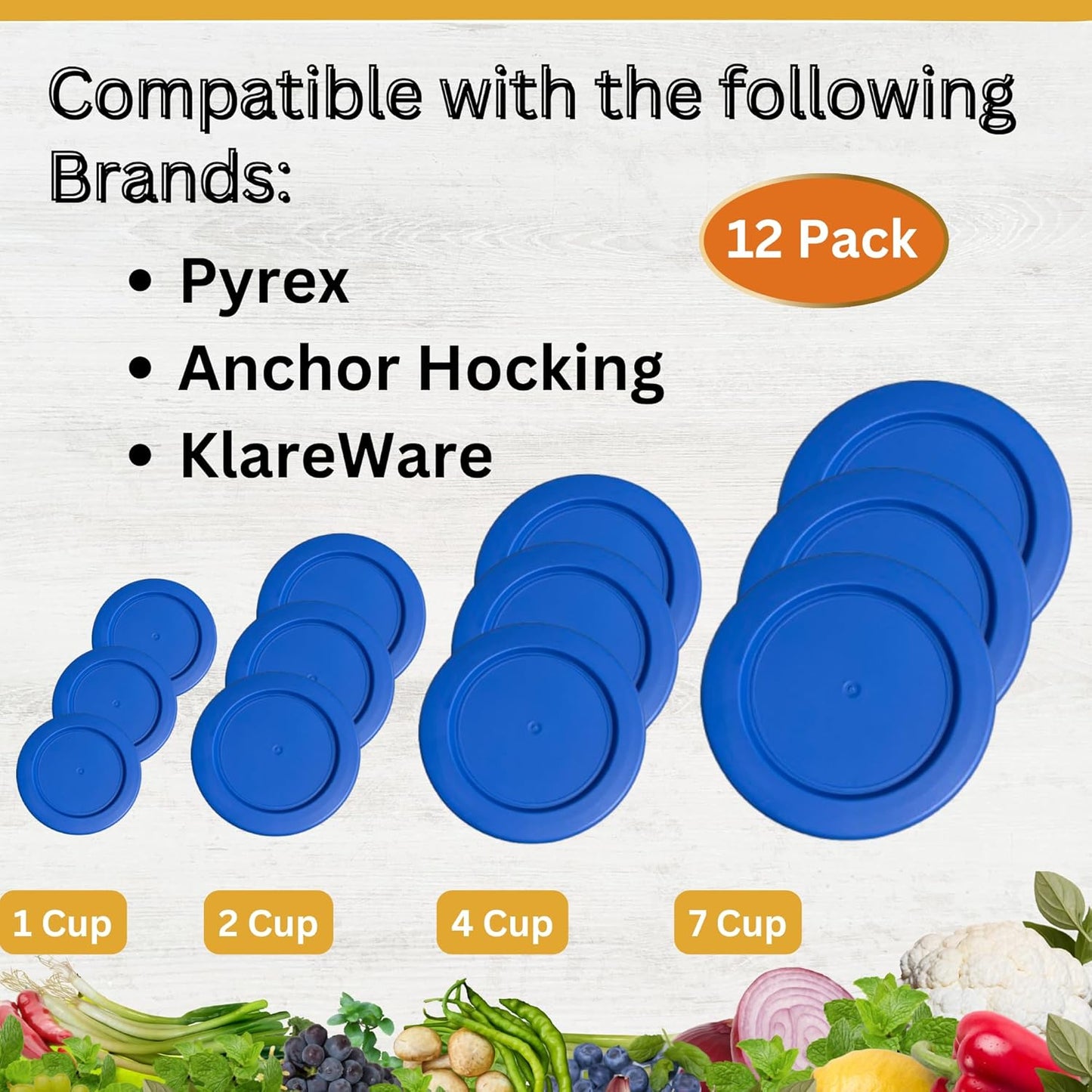1, 2, 4 & 7 Cup Blue Replacement Lids/Covers for Pyrex, Anchor Hocking & KlareWare Storage Bowls *Lids Only Glass Container Not Included* (12 Pack *Three of Each Size*)