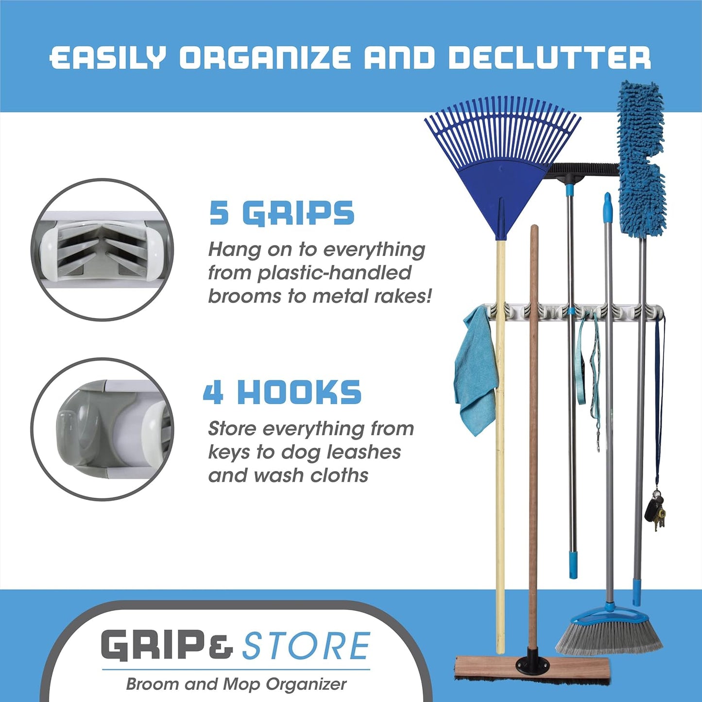 Evriholder Grip & Store Broom Holder 5 Position, Easy Way to Organize, Organized Laundry Room, Easily Store Tools and More, Strong Grip Technology, Gray