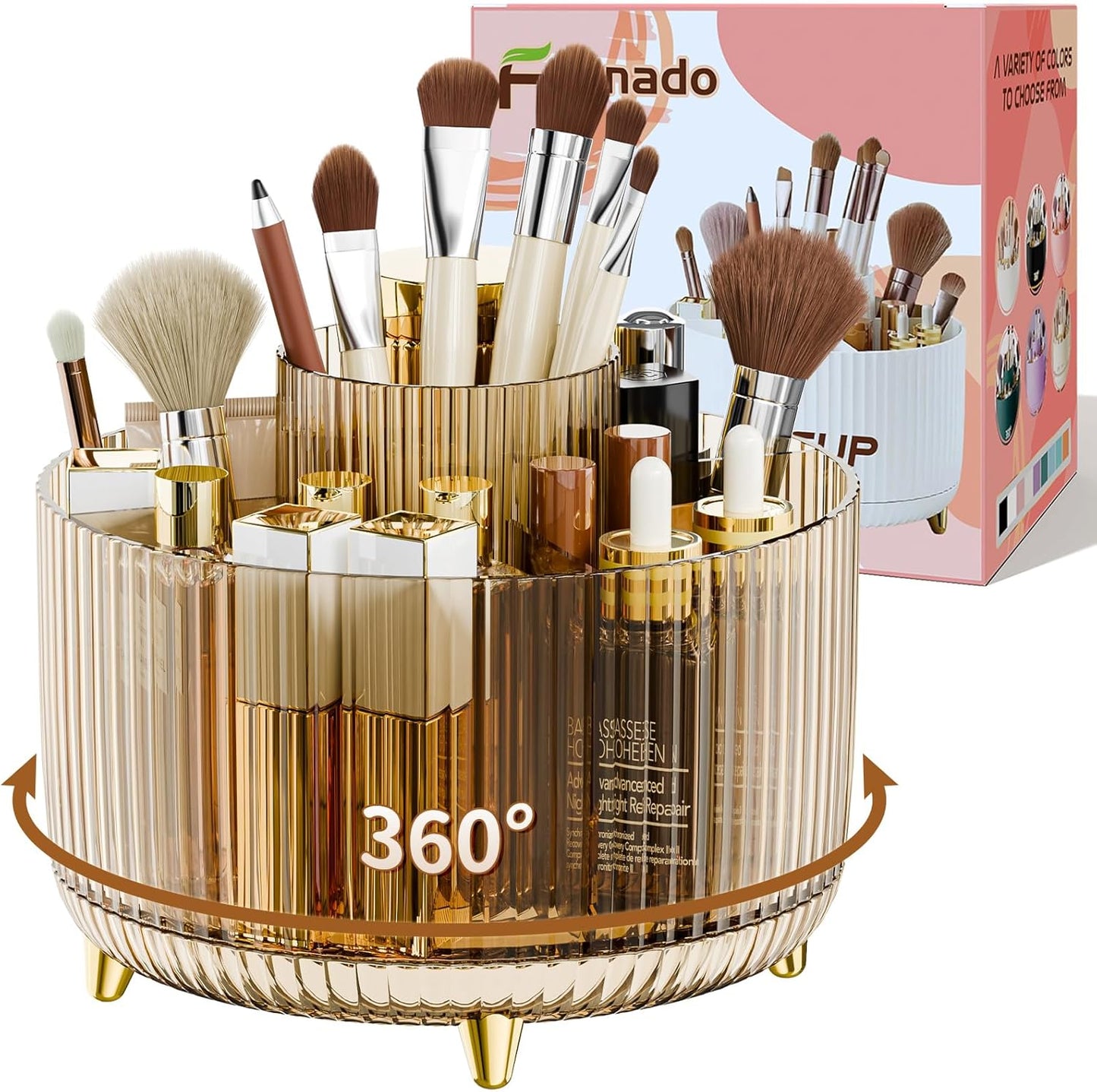 360° Rotate Makeup Brush Holder Organizer, Makeup Organizers Countertop, Makeup organization and Skincare Storage for Vanity, Desktop, Bathroom (Clear Amber)