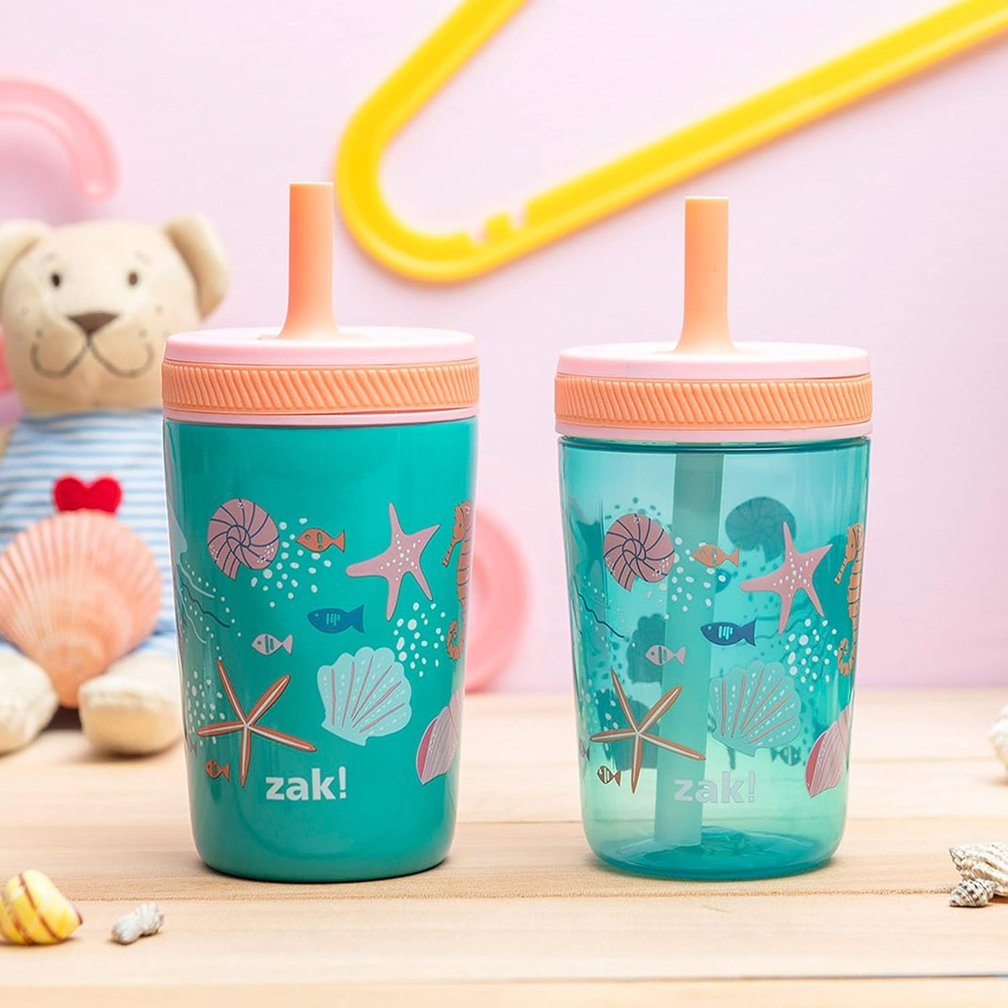 Zak Designs Shells Kelso Tumbler Set, Leak-Proof Screw-On Lid with Straw, Bundle for Kids Includes Plastic and Stainless Steel Cups with Bonus Sipper (3pc Set, Non-BPA) (Pack of 12)