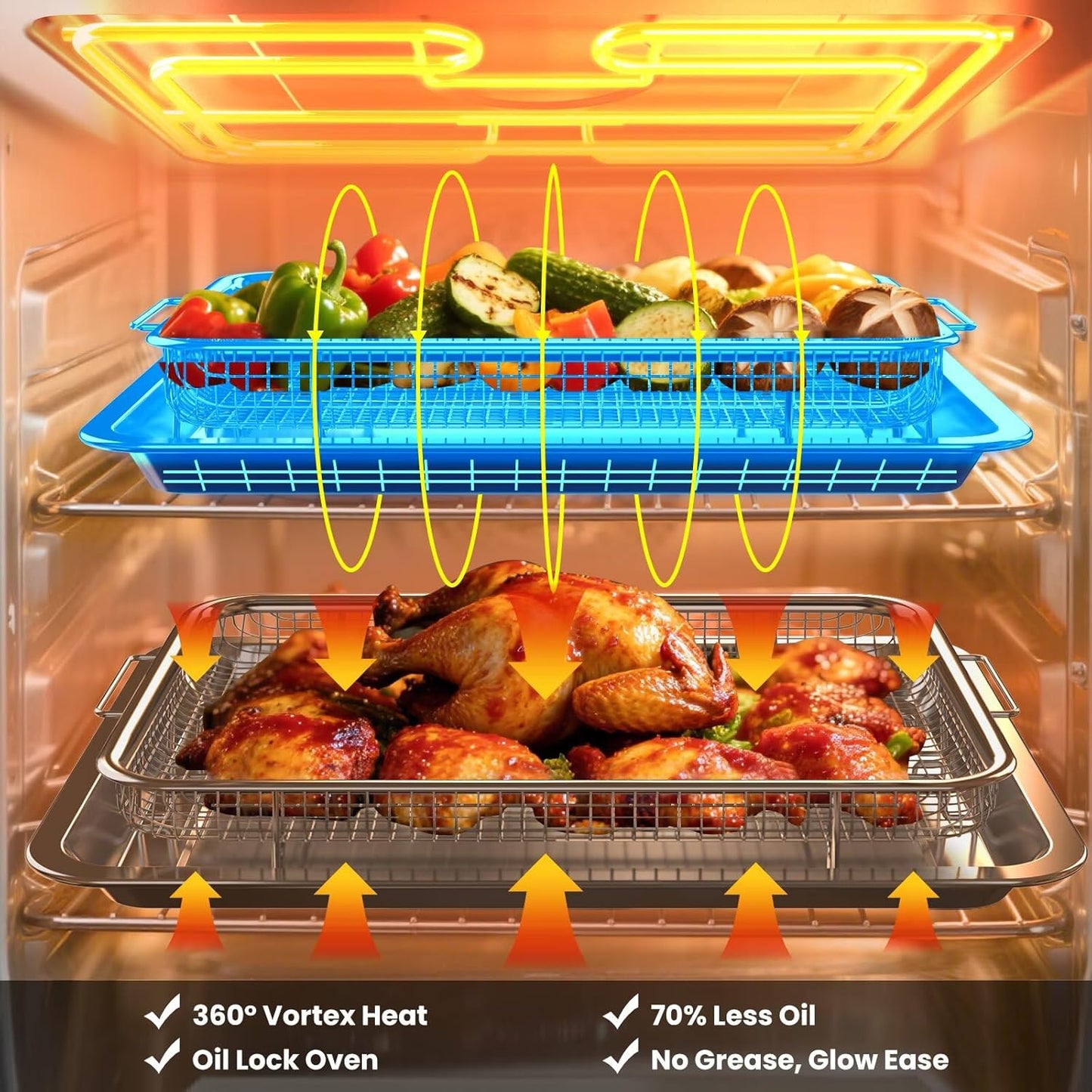 Air Fryer Basket for Oven, 2 Set Stainless Steel Pan & Crisper Tray (15"x11" &12.8"x9.7") with 60 Parchment Papers, Family-Size Non-Stick Oven Basket for Baking Chicken, Fries, Dishwasher Safe