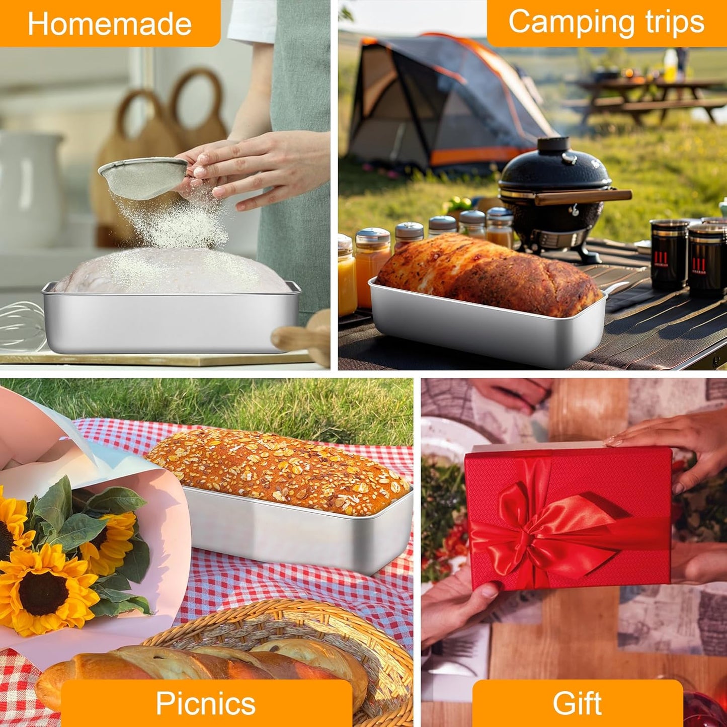 E-far Bread Loaf Pan, 12” x 5” Large Stainless Steel Loaf Pan for Homemade Bread, Long Metal Bakeware Mold for Baking Banana Cake Meatloaf Brownies Lasagna, Nontoxic & Dishwasher Safe