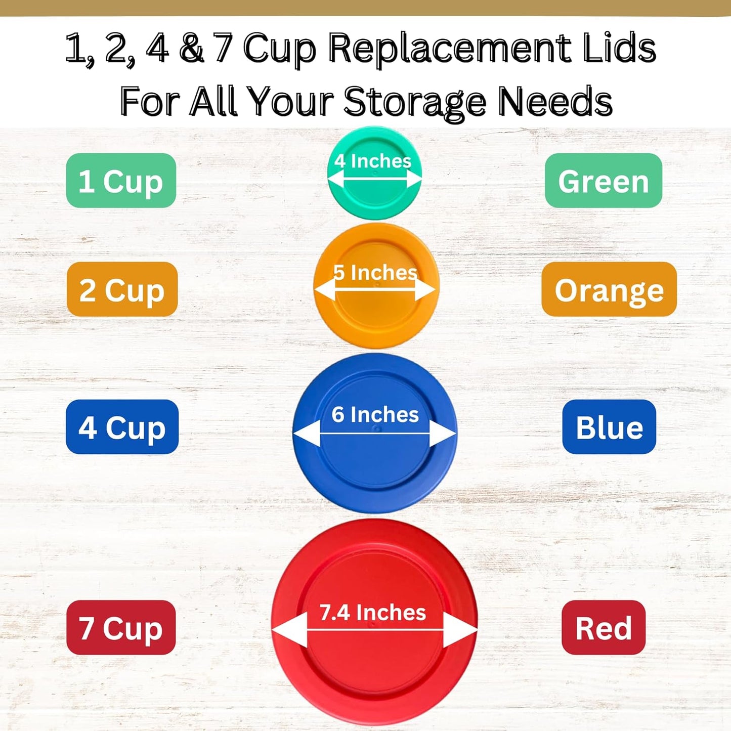 1, 2, 4 & 7 Cup Green, Orange, Blue, Red Replacement Lids/Covers for Pyrex, Anchor Hocking & KlareWare Storage Bowls *Lids Only Glass Container Not Included* (4 Pack *One of Each Size*)