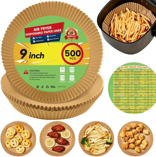 Air Fryer Paper Liners Disposable: 500Pcs 9 Inch Special Round Liners for Air Fryer, Grease and Water Proof Non Stick Basket Parchment Paper